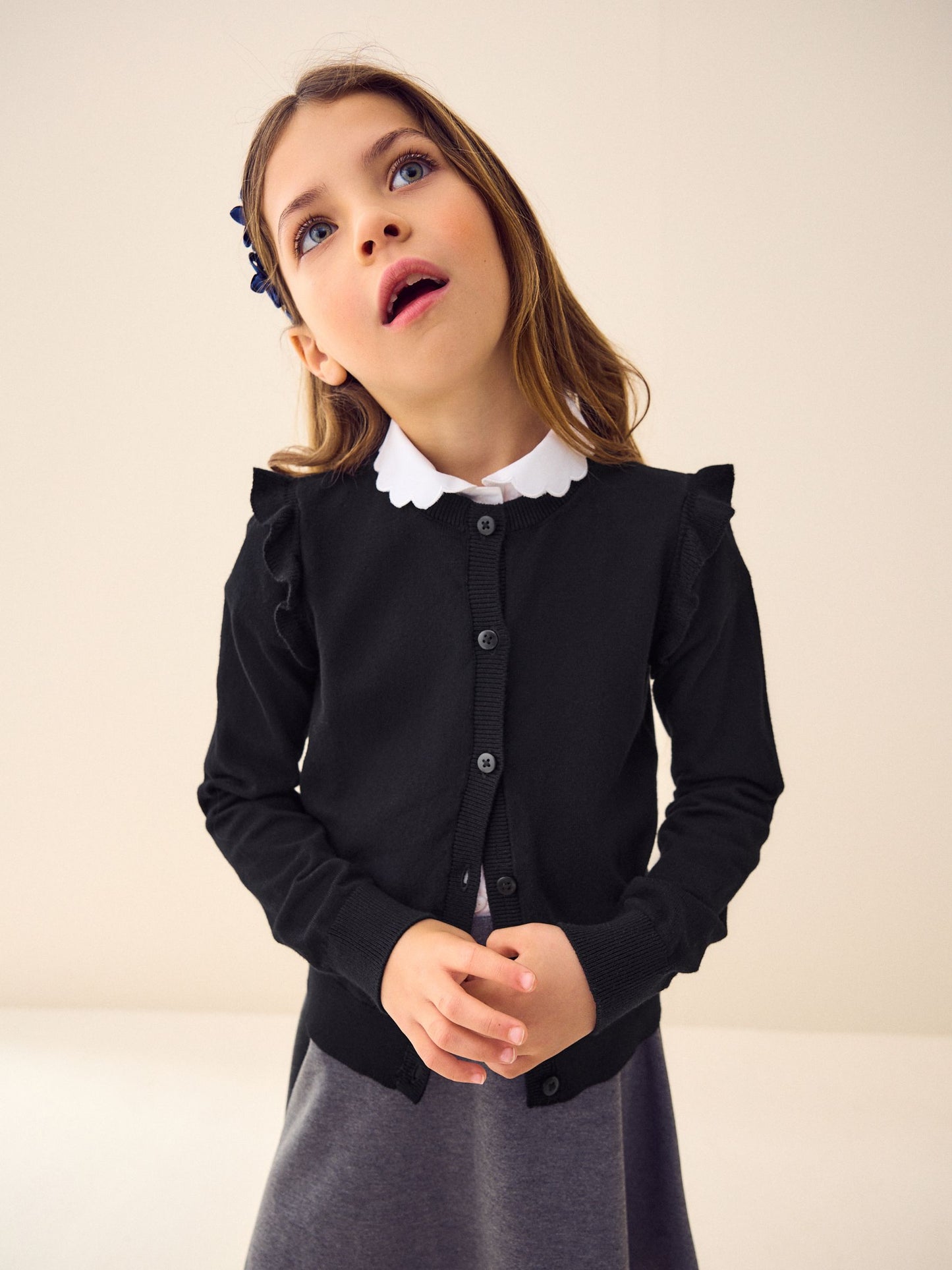 Dsiney Kidz - Black Cotton Rich Frill Shoulder School Cardigan (3-16yrs) image 1