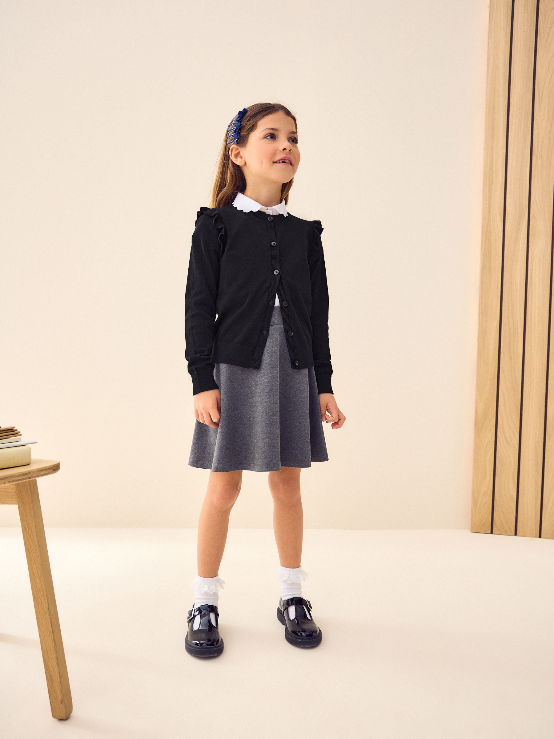 Dsiney Kidz - Black Cotton Rich Frill Shoulder School Cardigan (3-16yrs) image 2