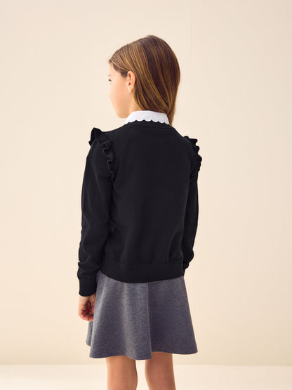 Dsiney Kidz - Black Cotton Rich Frill Shoulder School Cardigan (3-16yrs) image 3