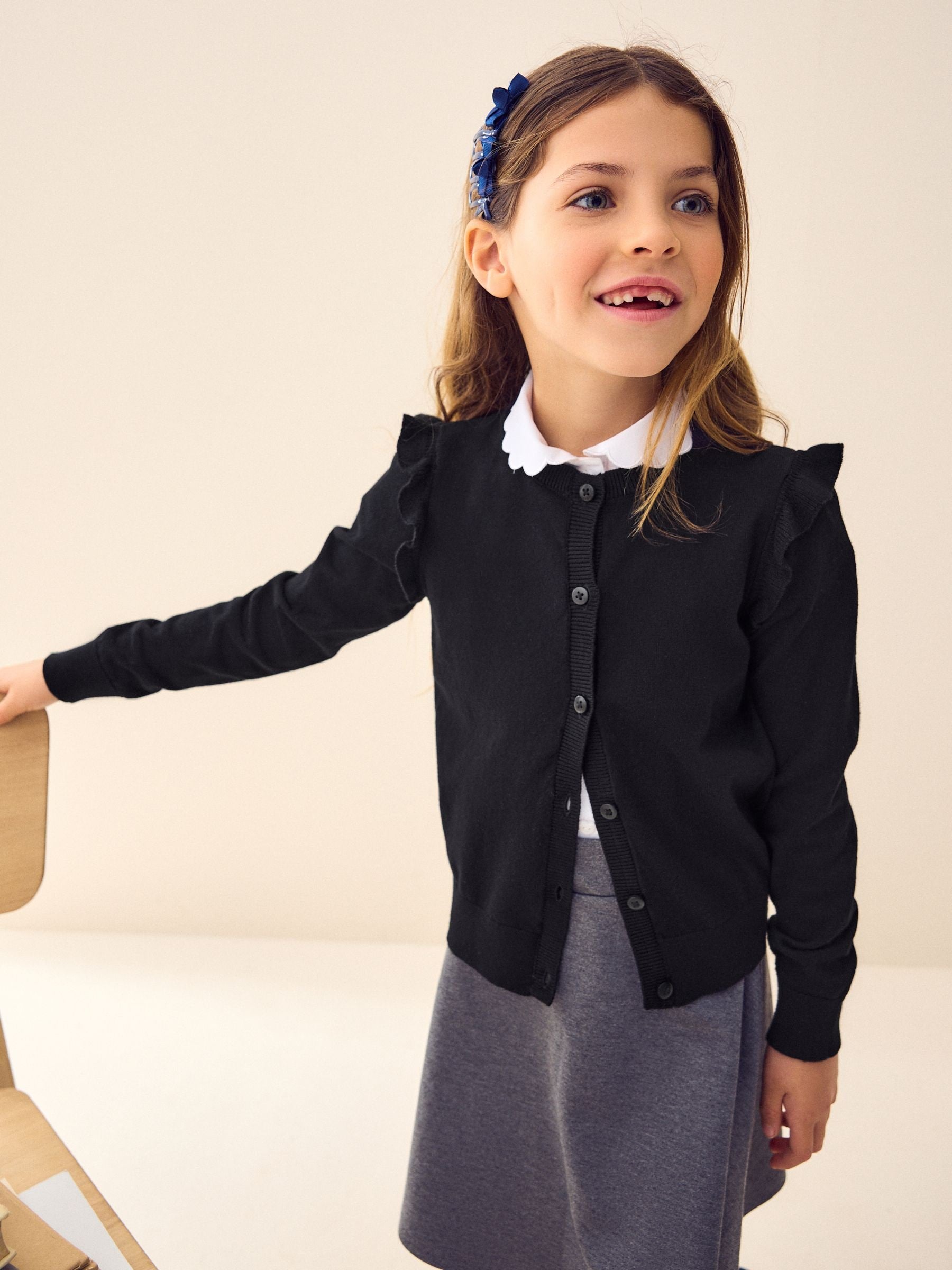 Dsiney Kidz - Black Cotton Rich Frill Shoulder School Cardigan (3-16yrs) image 6