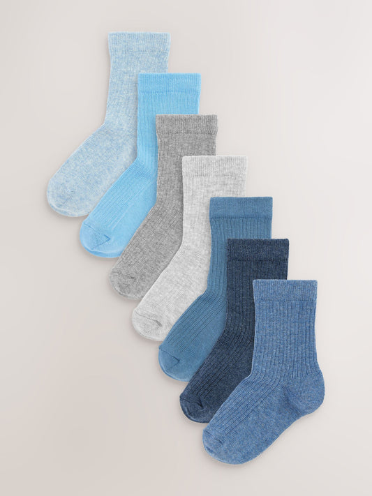 Blue/Navy Cotton Rich Fine Rib Socks 7 Pack image 1
