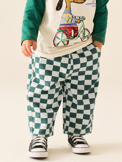 White/Green Checkerboard Pull On Wide Trousers (3mths-7yrs) - image 1