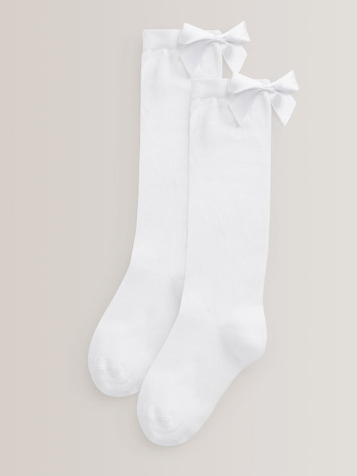 White 2 Pack Cotton Rich Bow Knee High Socks image 1