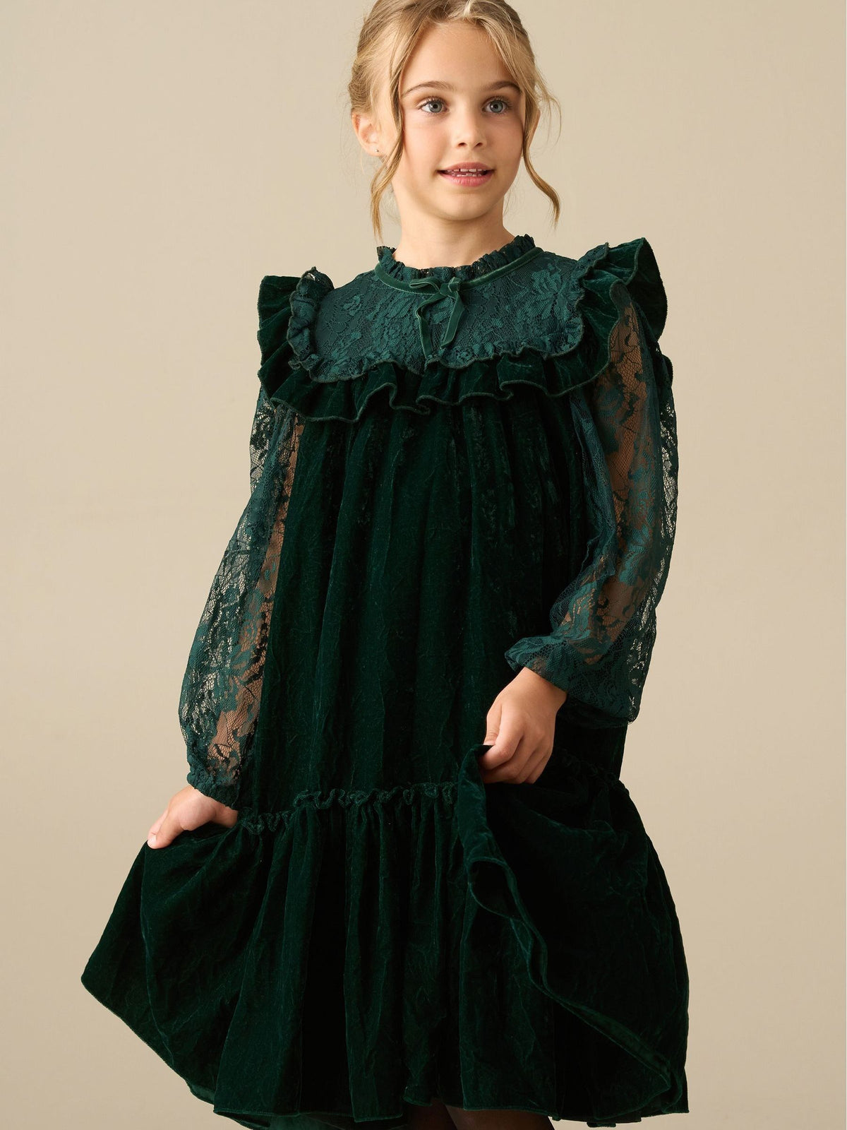 Dsiney Kidz - Angel & Rocket Green Amelia Velvet Frill Collar Dress image 1