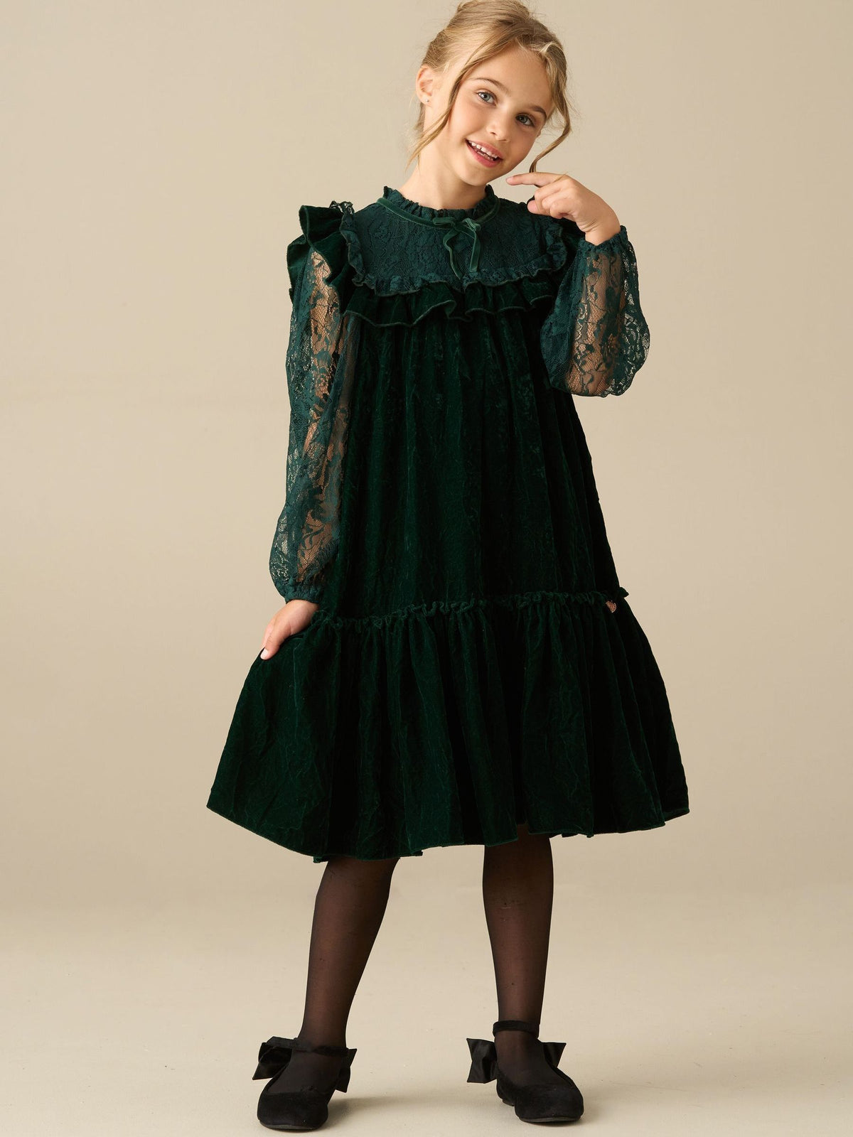 Dsiney Kidz - Angel & Rocket Green Amelia Velvet Frill Collar Dress image 3