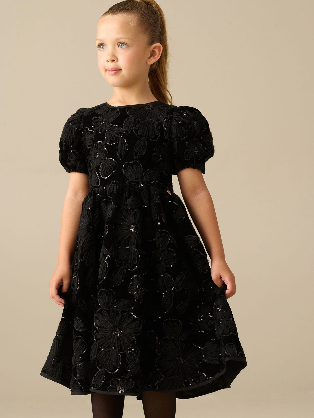 Dsiney Kidz - Angel & Rocket Black Layla Velvet Embellished Puff Sleeve Dress image 1