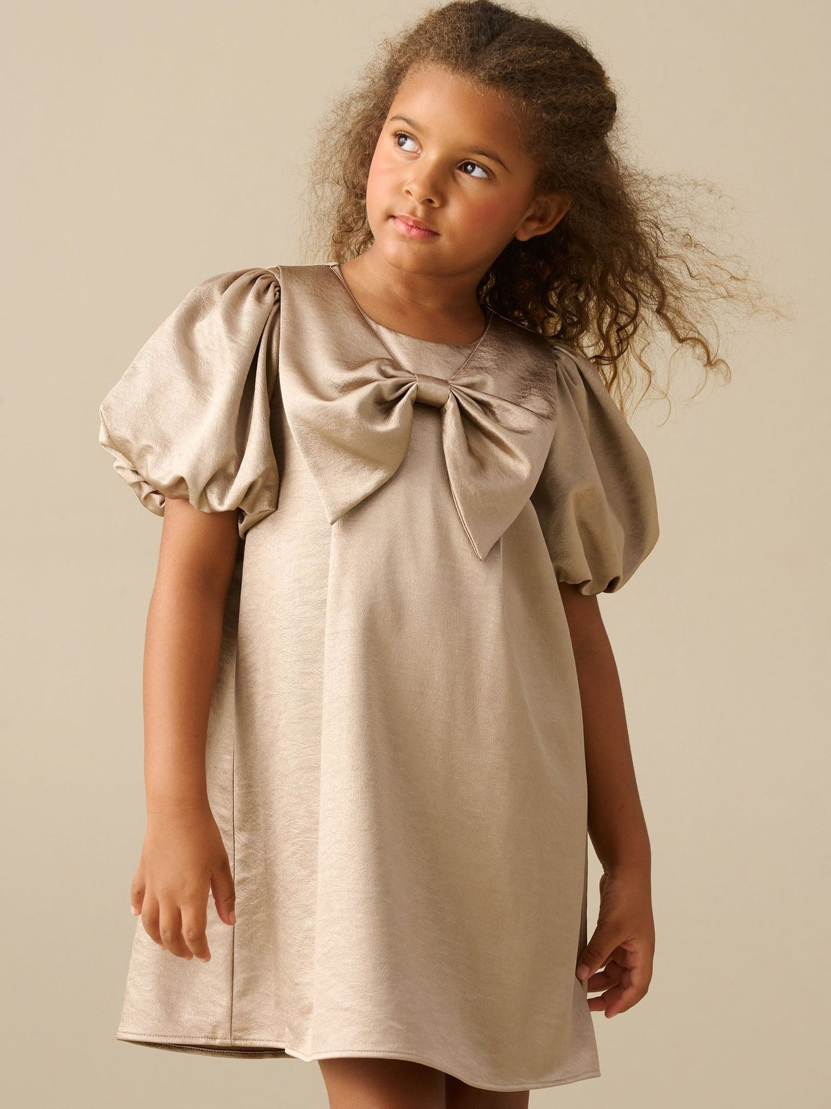 Dsiney Kidz - Angel & Rocket Natural Nadia Satin Puff Sleeve Bow Collar Shift Dress image 1