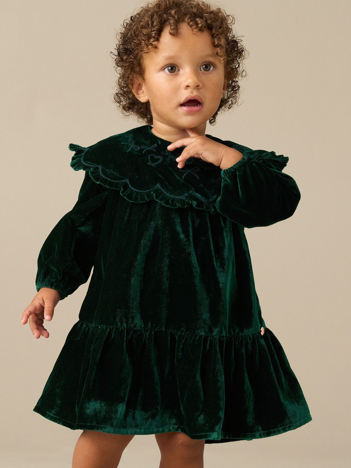 Dsiney Kidz - Angel & Rocket Green Dotty Scalloped Frill Embroidered Collar Velvet Dress image 1