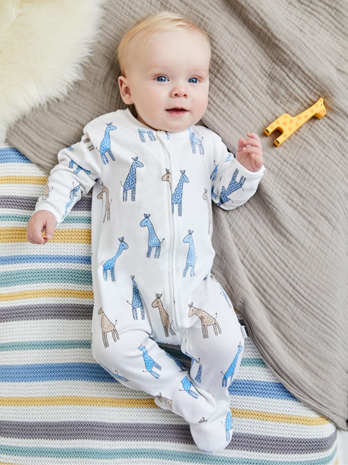 JoJo Maman Bébé White Giraffe Print Zip Cotton Baby Sleepsuit image 1