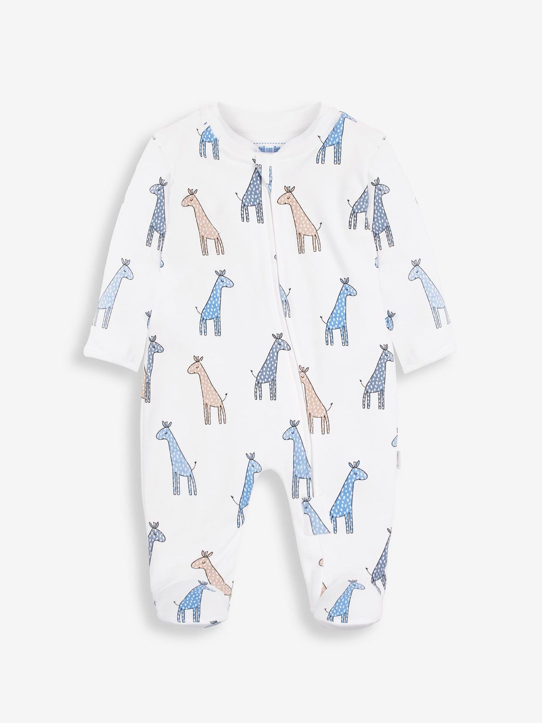 JoJo Maman Bébé White Giraffe Print Zip Cotton Baby Sleepsuit image 3