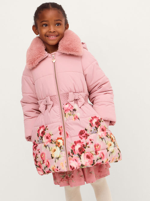 Monsoon Pink Blurred Floral Print Puffer Coat - image 1