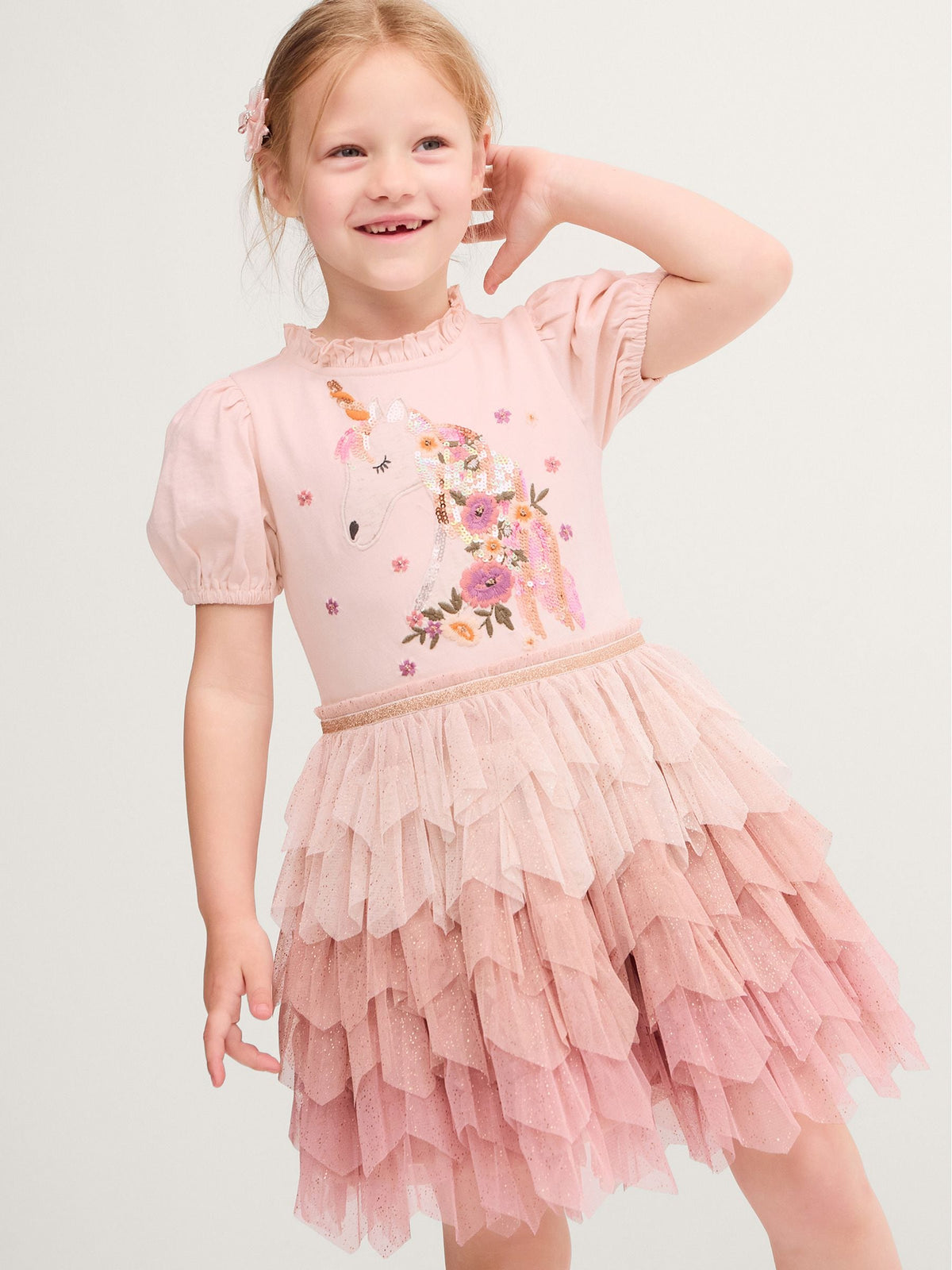 Dsiney Kidz - Monsoon Pink Unicorn Embellished Tiered Disco Dress image 1