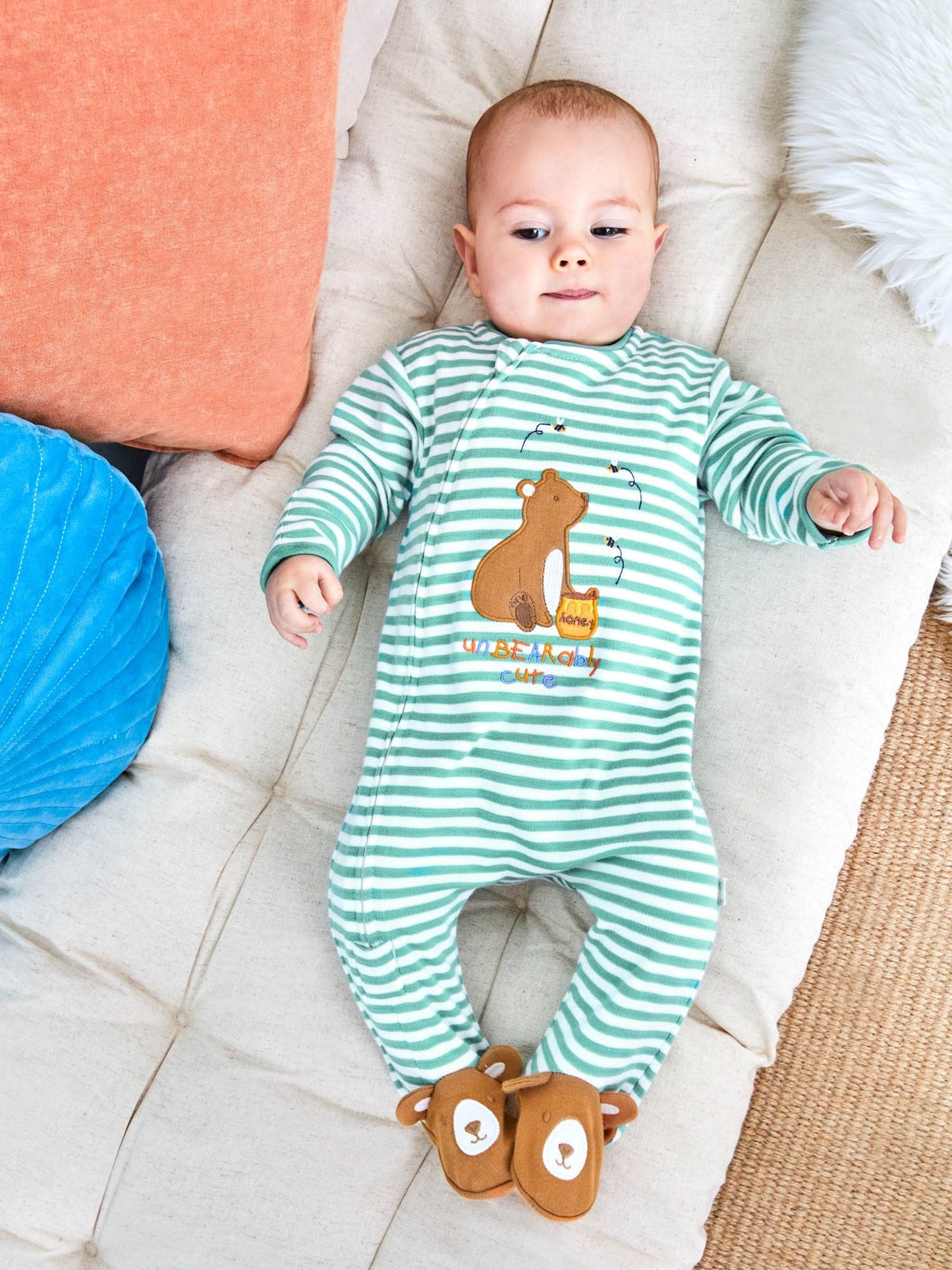 JoJo Maman Bébé Green Bear Appliqué Zip Cotton Baby Sleepsuit image 2