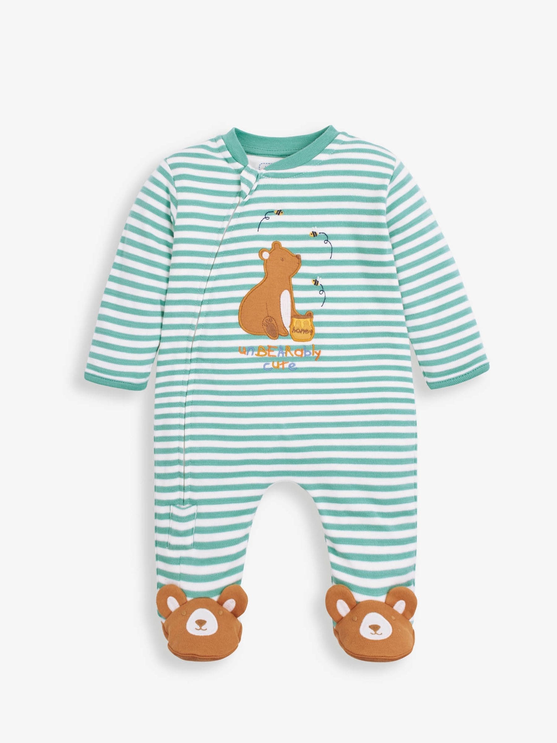 JoJo Maman Bébé Green Bear Appliqué Zip Cotton Baby Sleepsuit image 3