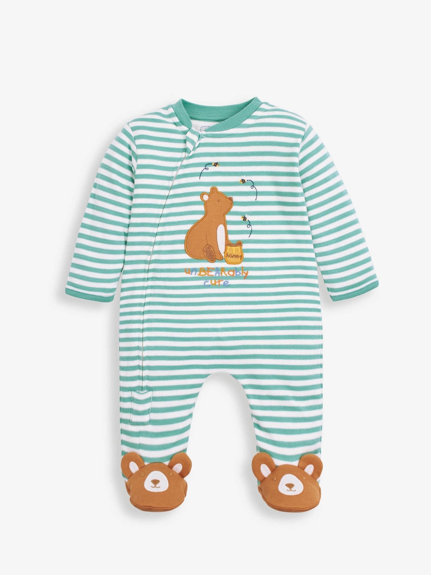 JoJo Maman Bébé Green Bear Appliqué Zip Cotton Baby Sleepsuit image 3
