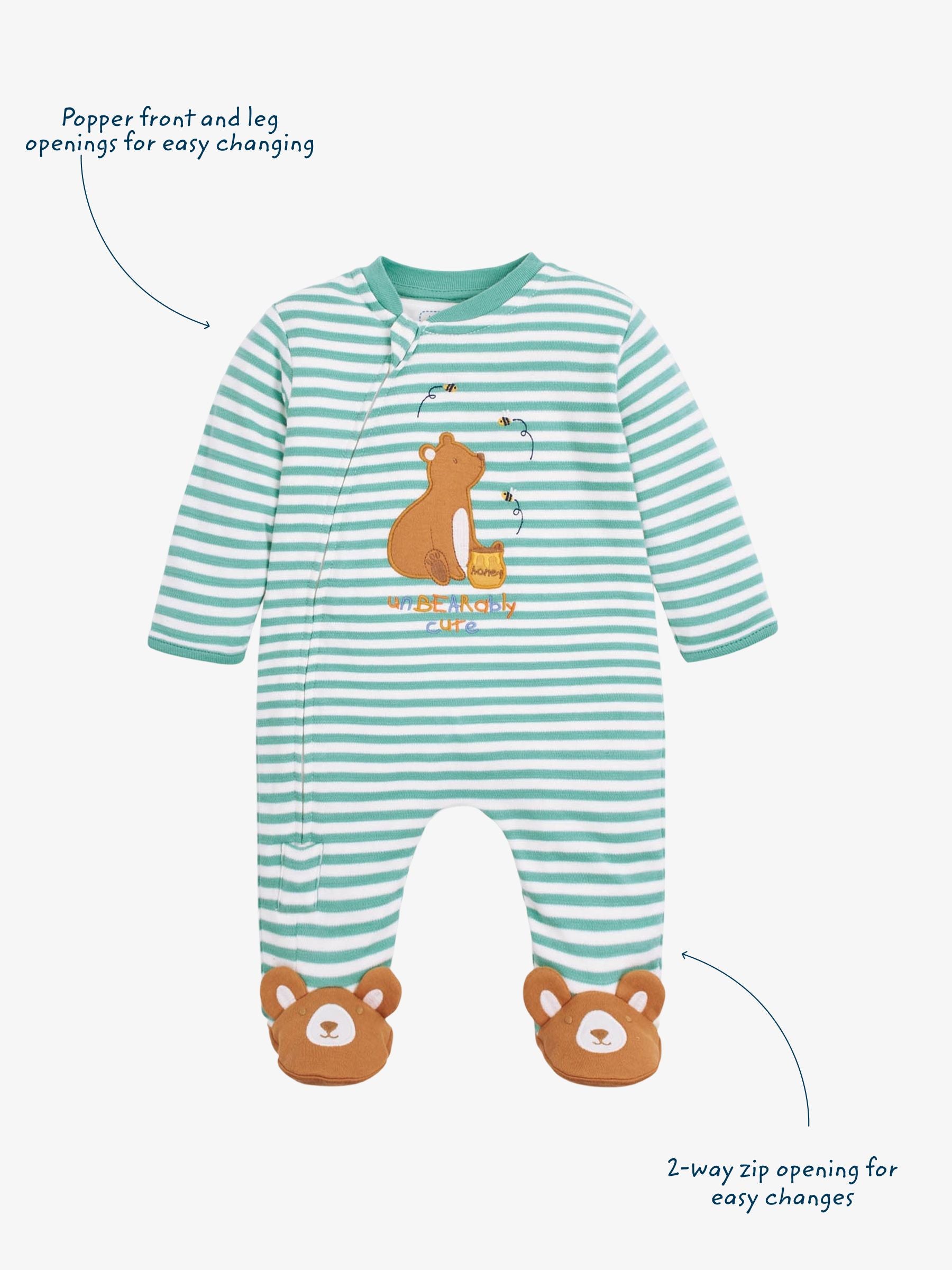 JoJo Maman Bébé Green Bear Appliqué Zip Cotton Baby Sleepsuit image 4