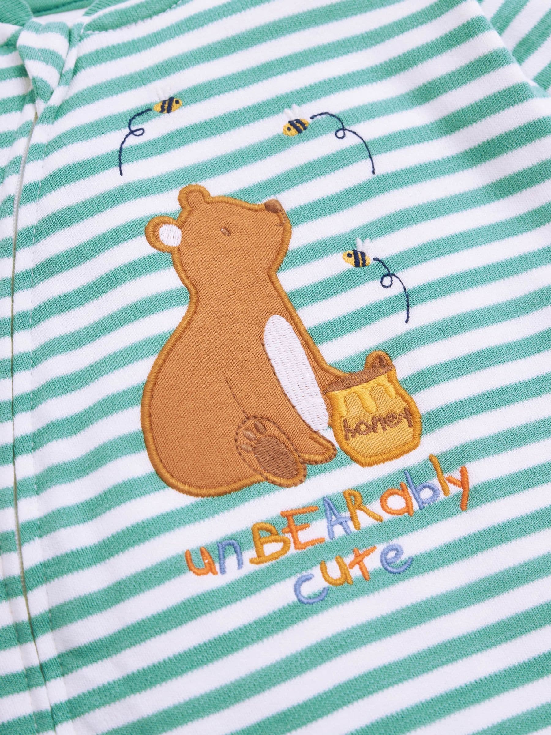 JoJo Maman Bébé Green Bear Appliqué Zip Cotton Baby Sleepsuit image 6