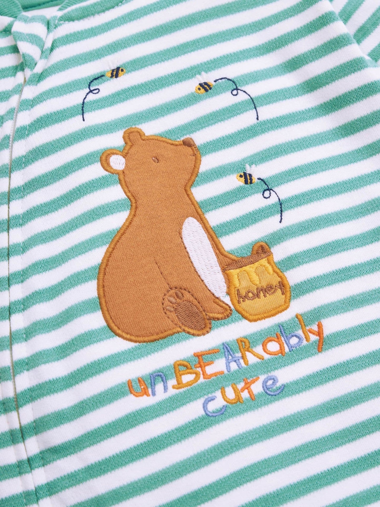 JoJo Maman Bébé Green Bear Appliqué Zip Cotton Baby Sleepsuit image 6