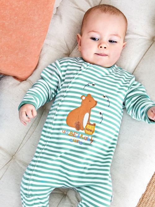 JoJo Maman Bébé Green Bear Appliqué Zip Cotton Baby Sleepsuit image 1