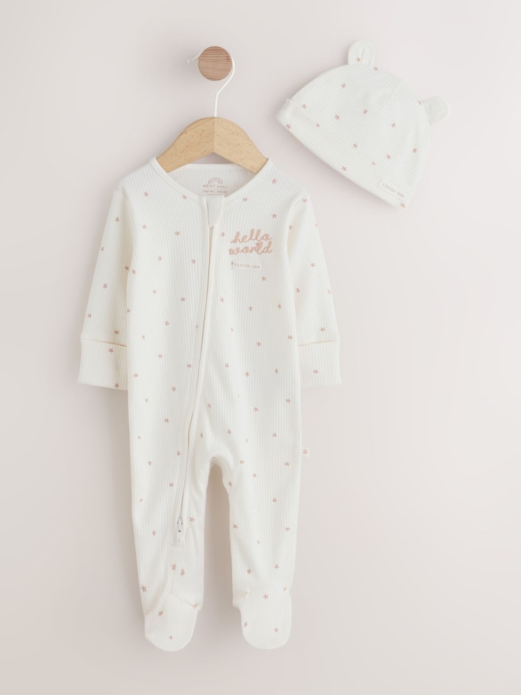 Cream Hello World Baby Sleepsuit and Hat Set Immediate