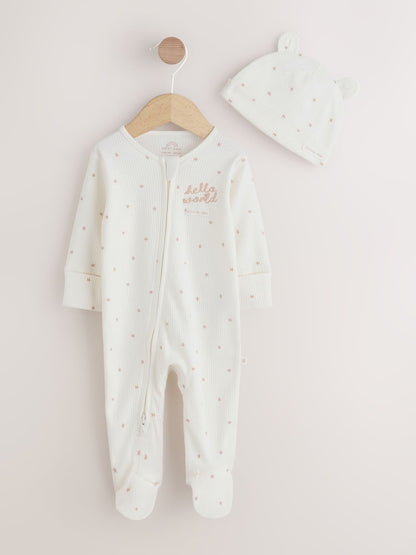Cream Hello World Baby Sleepsuit and Hat Set Immediate