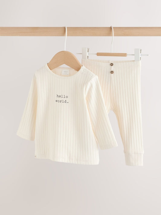 Cream Hello World Top and Leggings Baby Set (0-18mths)