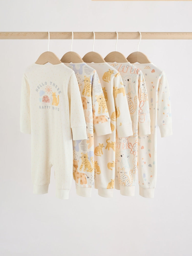 Cream Safari Two Way Zip Baby Sleepsuits 5 Pack (0mths-3yrs)