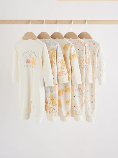 Cream Safari Two Way Zip Baby Sleepsuits 5 Pack (0mths-3yrs)