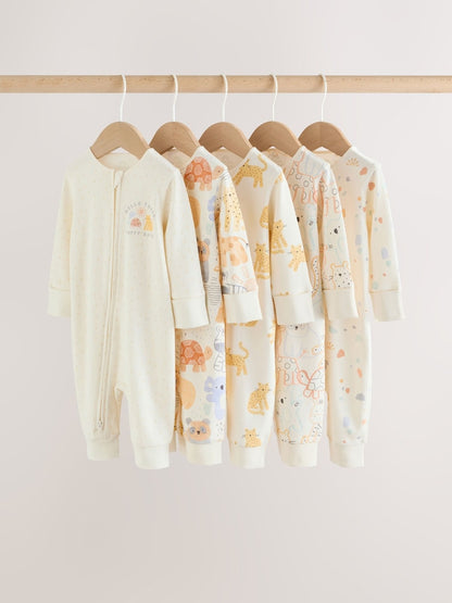 Cream Safari Two Way Zip Baby Sleepsuits 5 Pack (0mths-3yrs)