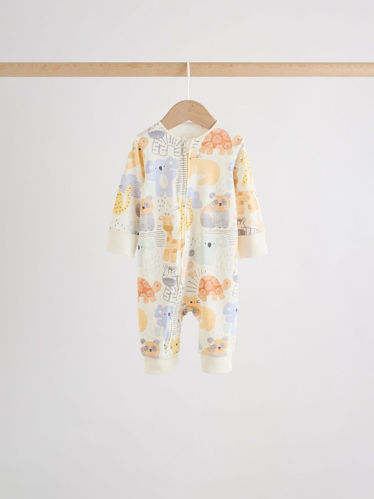 Cream Safari Two Way Zip Baby Sleepsuits 5 Pack (0mths-3yrs)