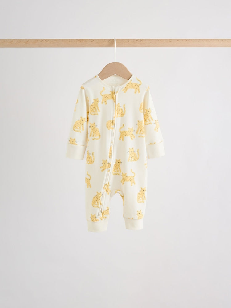 Cream Safari Two Way Zip Baby Sleepsuits 5 Pack (0mths-3yrs)