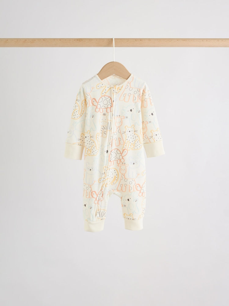 Cream Safari Two Way Zip Baby Sleepsuits 5 Pack (0mths-3yrs)
