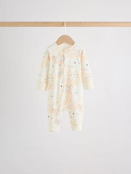Cream Safari Two Way Zip Baby Sleepsuits 5 Pack (0mths-3yrs)
