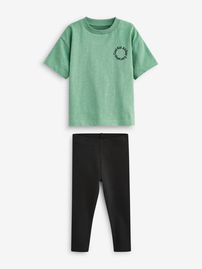 Green/Black Oversized Short Sleeves 100% Cotton T-Shirt and Leggings Set (3mths-7yrs) image 4
