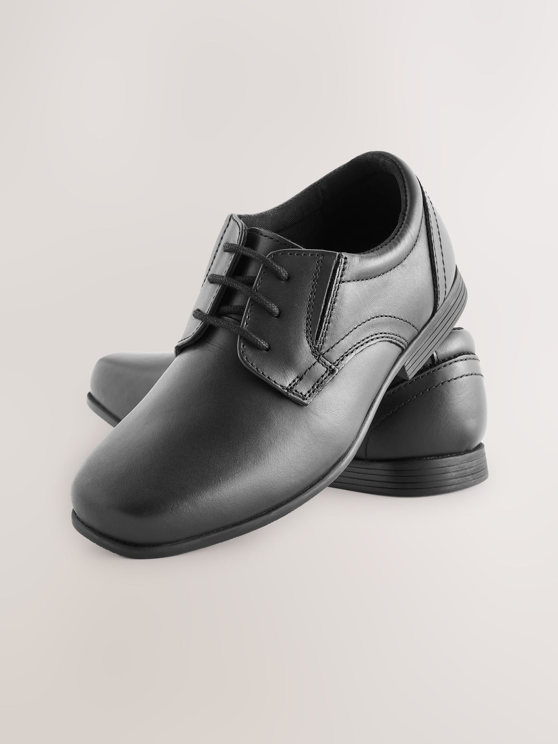 Black Wide Fit (G) School Leather Lace-Up Shoes image 3
