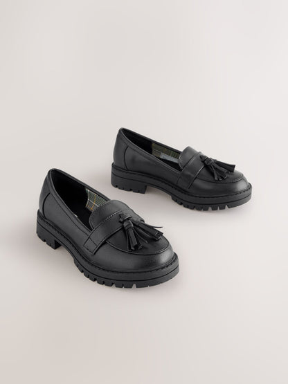 Matt Black Standard Fit (F) School Chunky Tassel Loafers image 1