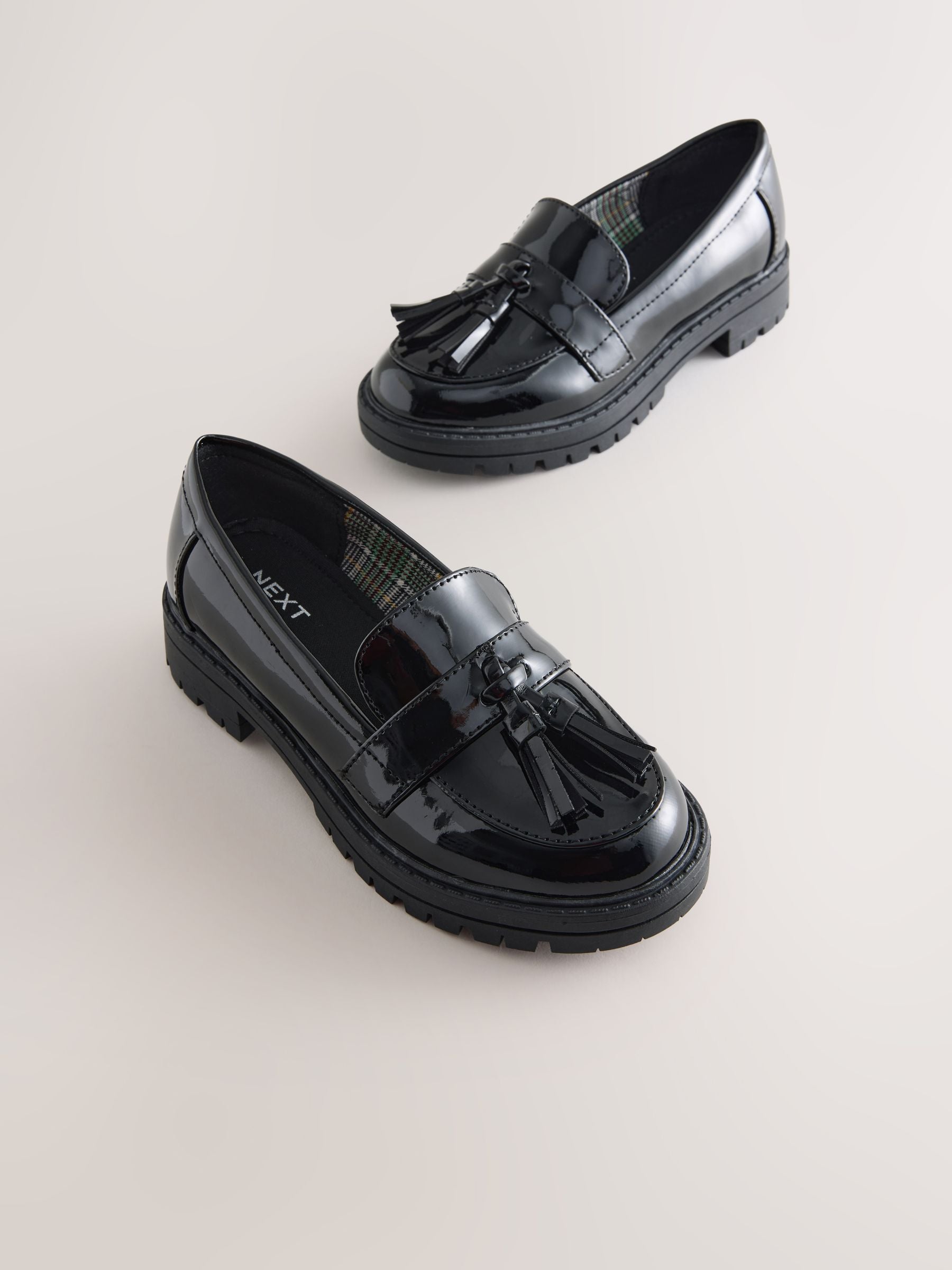 Black Patent Standard Fit (F) School Chunky Tassel Loafers image 3