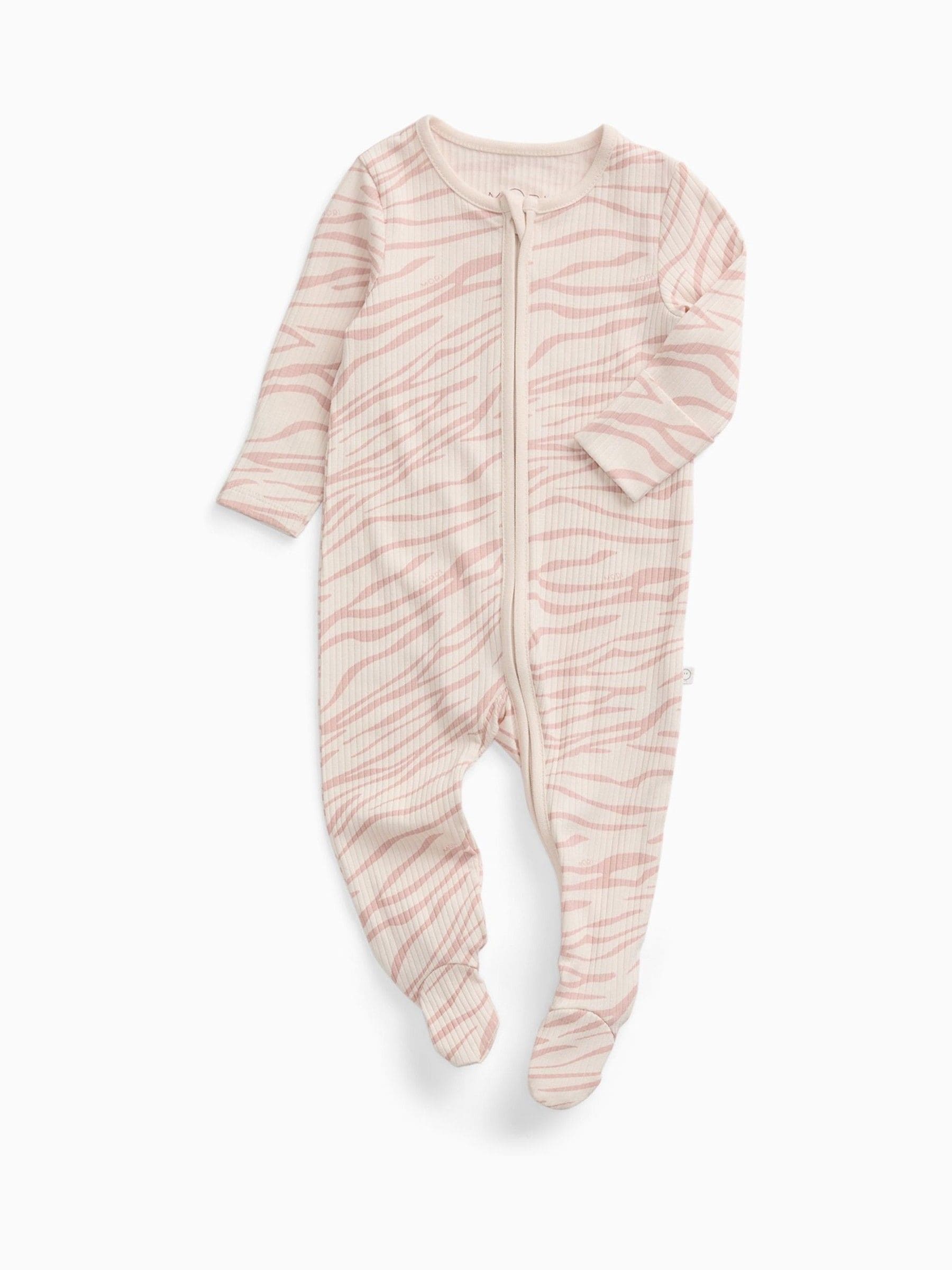 MORI Pink Ribbed Zebra Stretch Supersoft Two Way Zip-Up Sleepsuit image 1