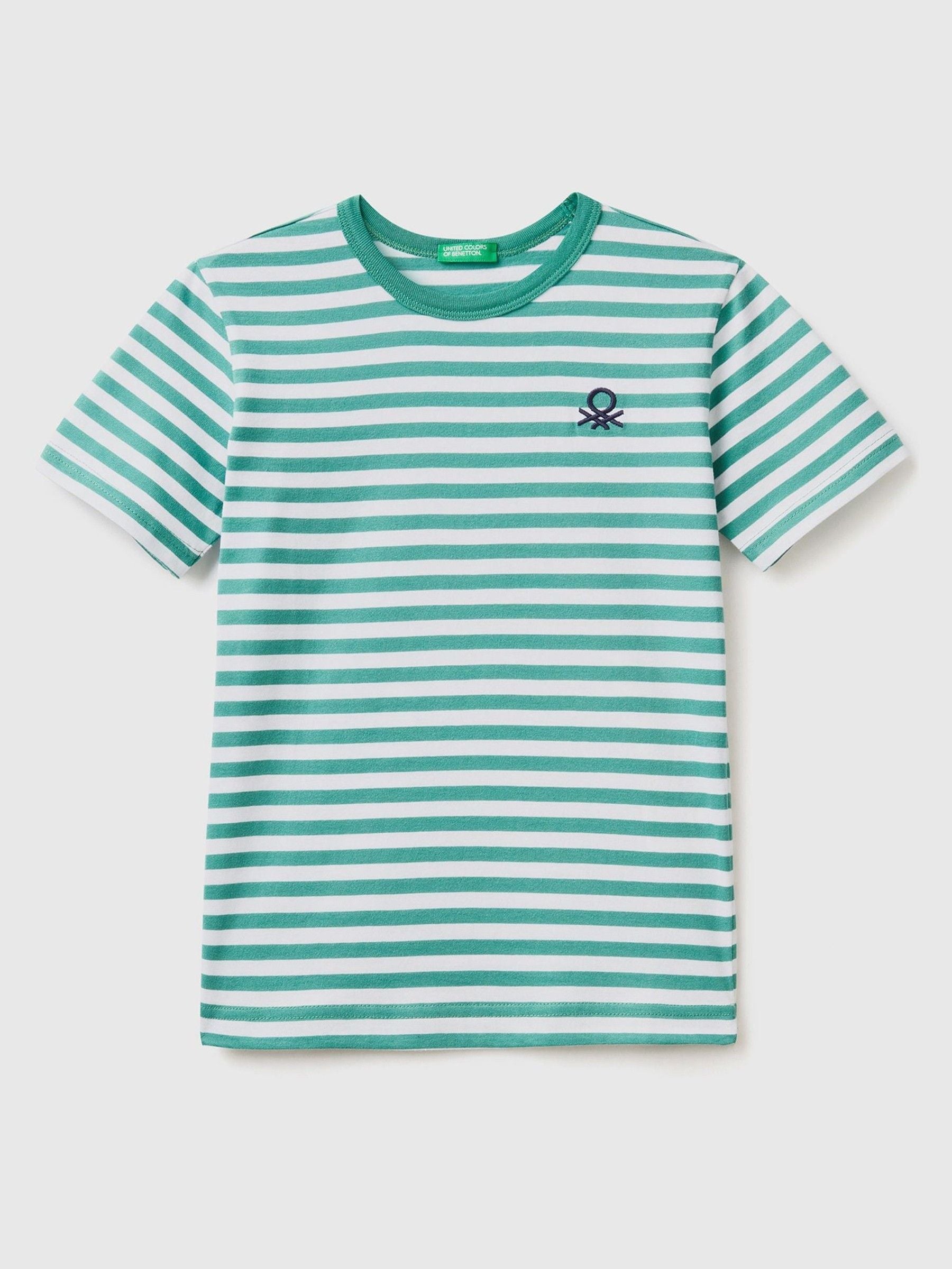 Dsiney Kidz - Benetton Green Striped 100% Cotton Logo T-Shirt image 1