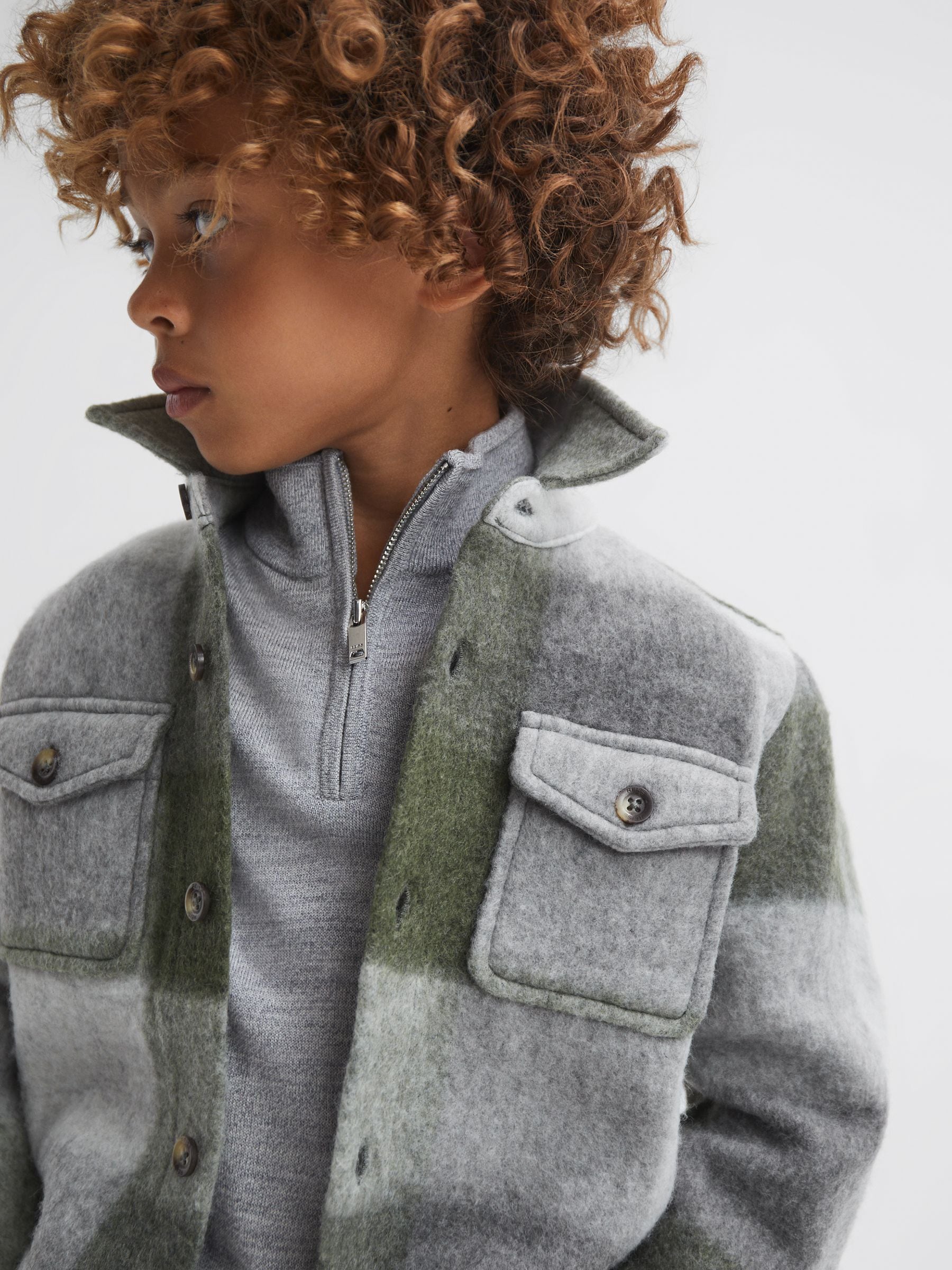 Dsiney Kidz - Reiss Green/Ecru Stoval Long Sleeve Brushed Overshirt image 3
