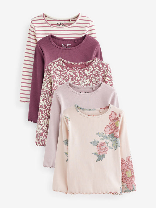 Pink Floral Ribbed Long Sleeve Tops 5 Pack (3mths-7yrs) image 1