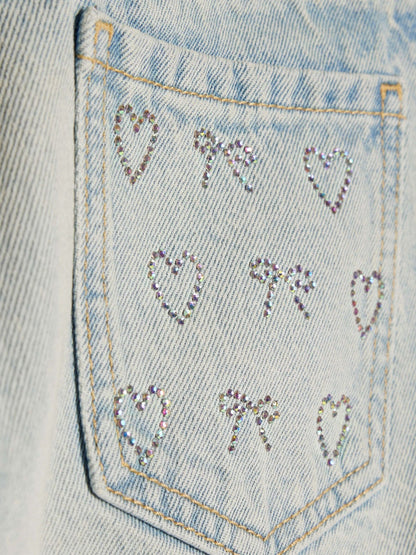 Dsiney Kidz - River Island Blue Heart & Bow Hotfix Denim Shorts image 3