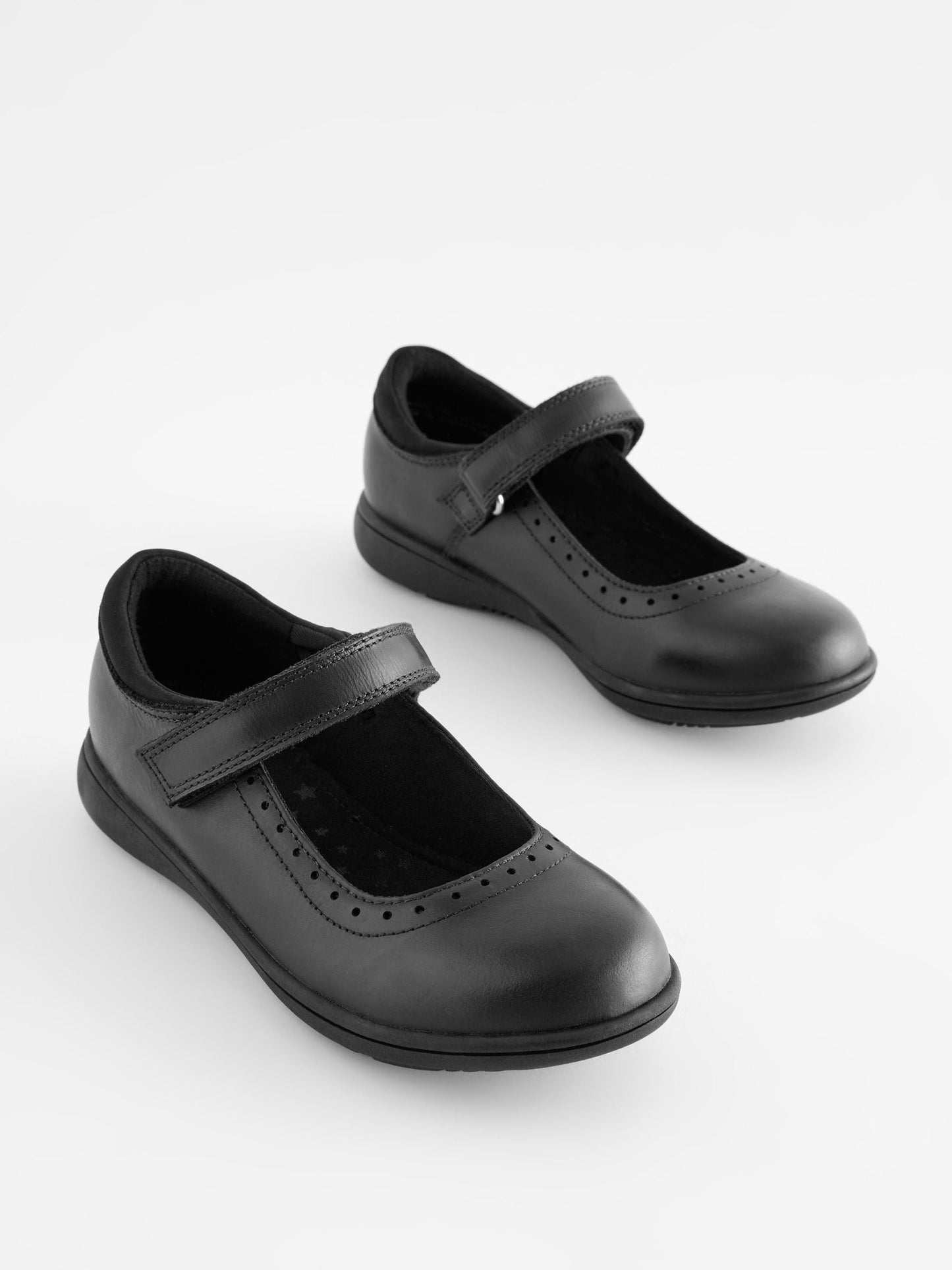Matt Black Narrow Fit (E) School Leather Brogue Detail Mary Jane Shoes image 1