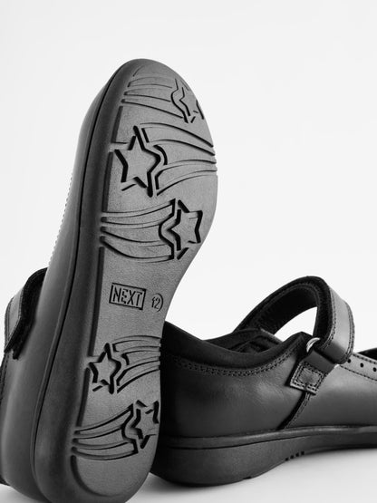 Matt Black Narrow Fit (E) School Leather Brogue Detail Mary Jane Shoes image 3