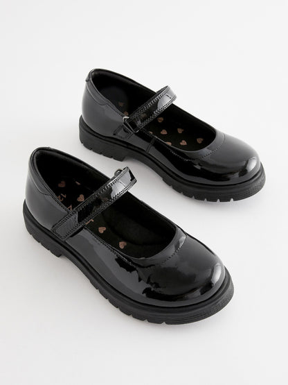 Black Patent Wide Fit (G) School Leather Chunky Mary Jane Shoes image 1