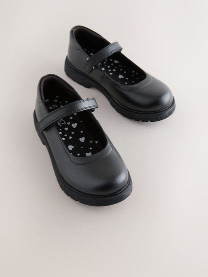 Matt Black Standard Fit (F) School Leather Chunky Mary Jane Shoes image 1