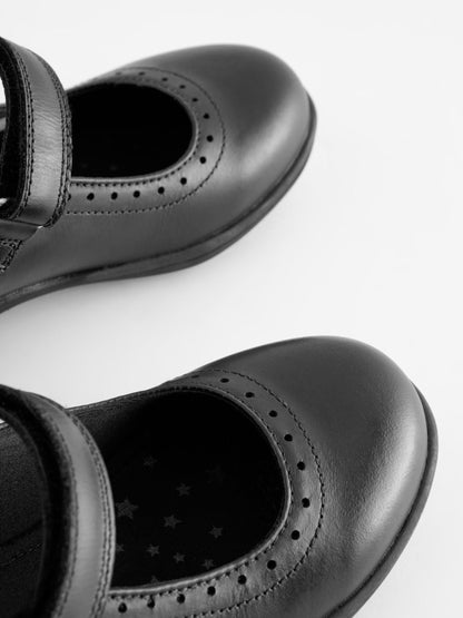 Matt Black Wide Fit (G) School Leather Brogue Detail Mary Jane Shoes image 5