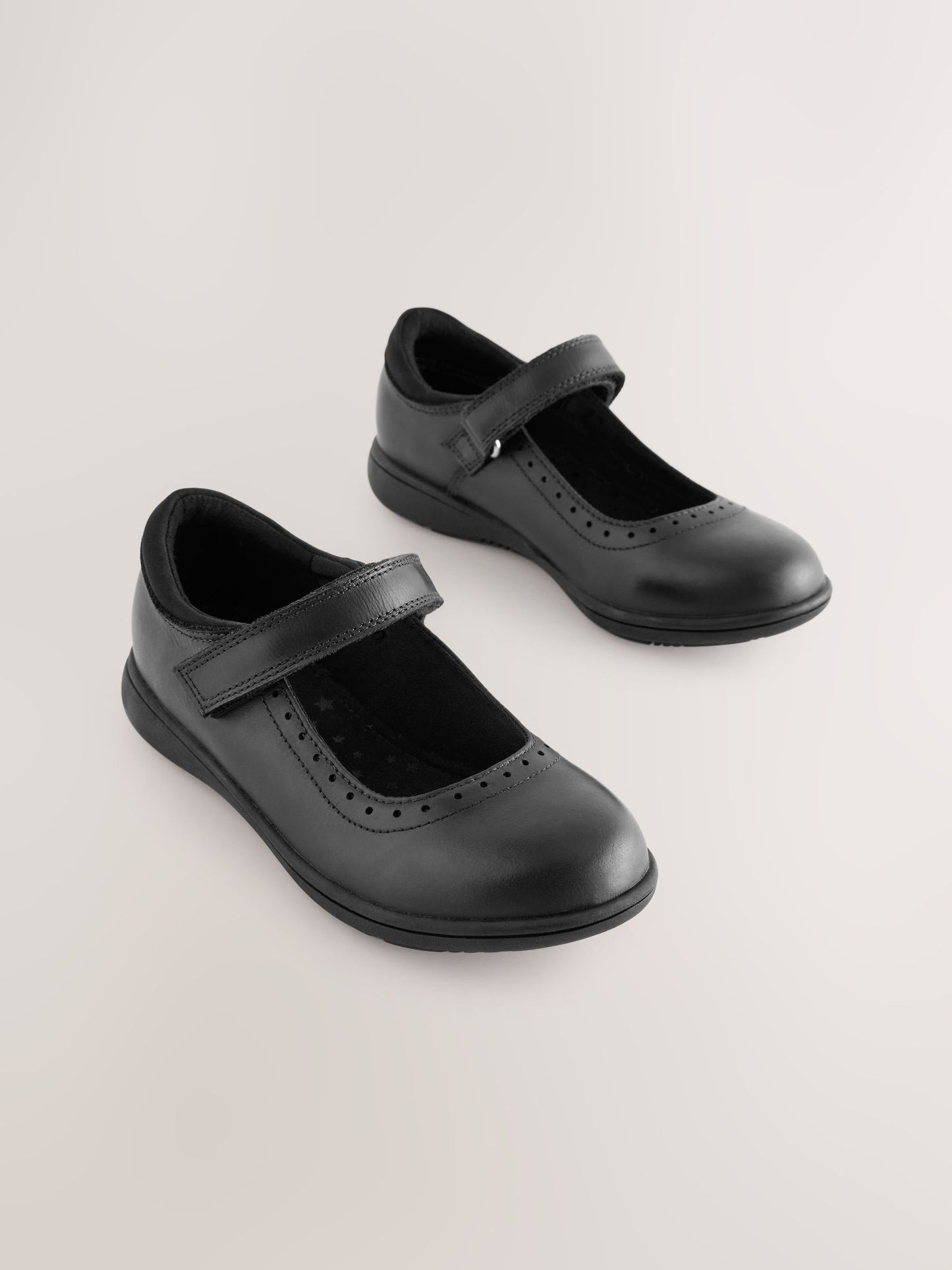Matt Black Standard Fit (F) School Leather Brogue Detail Mary Jane Shoes image 1
