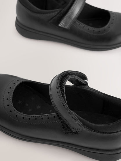 Matt Black Standard Fit (F) School Leather Brogue Detail Mary Jane Shoes image 4