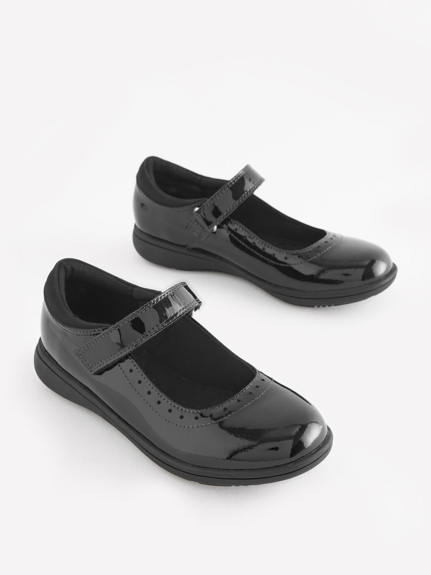 Black Patent Narrow Fit (E) School Leather Brogue Detail Mary Jane Shoes image 1